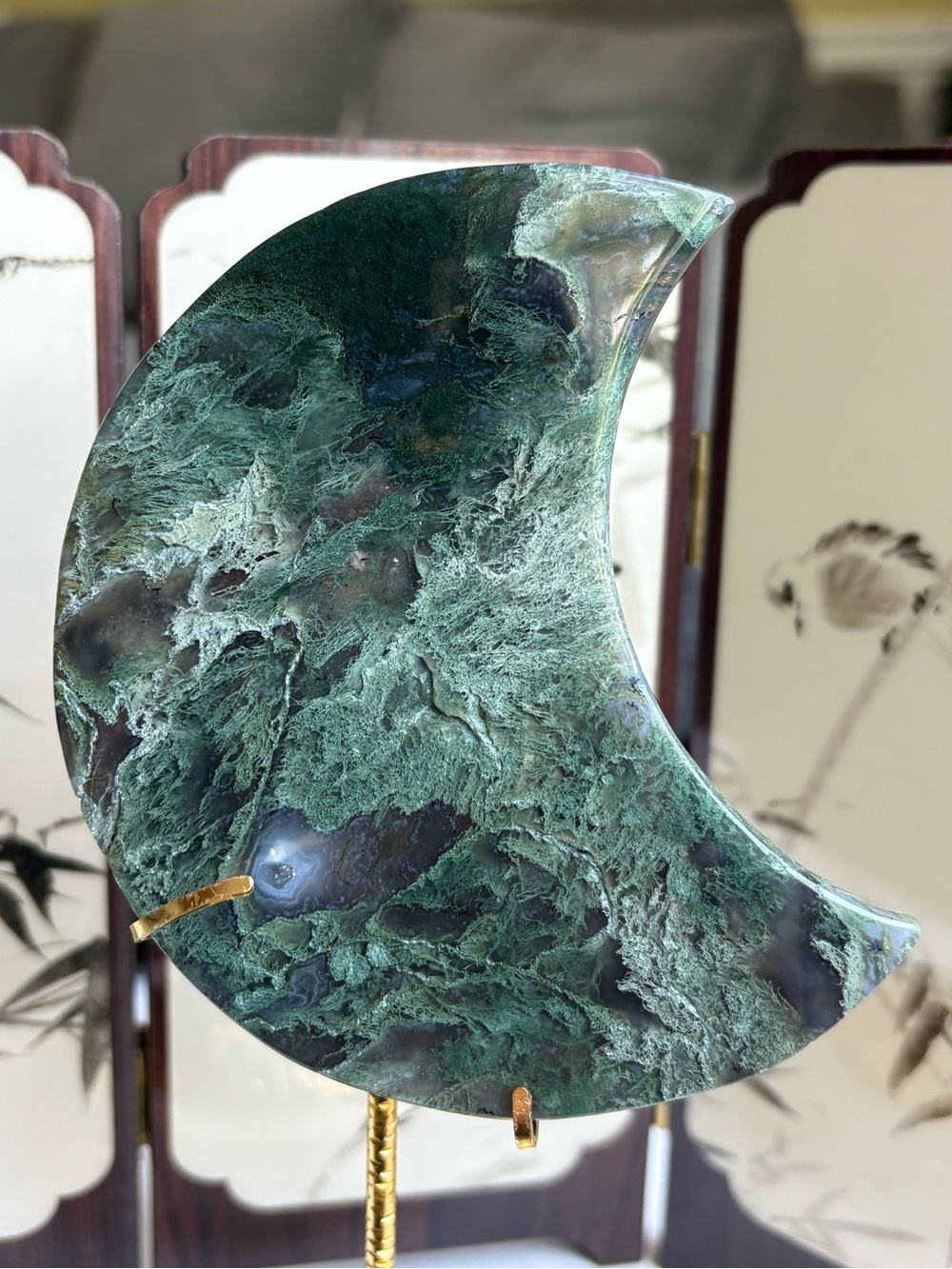Moss agate crystal moon carving